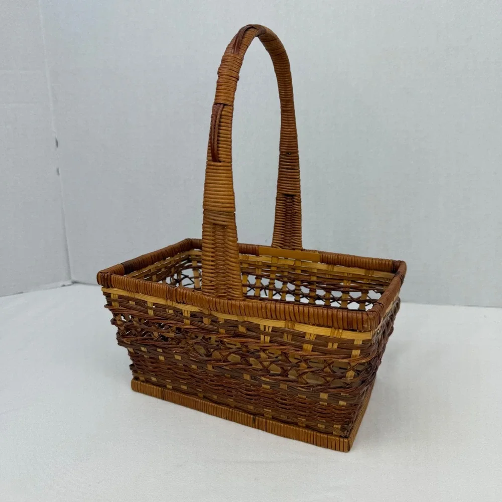 Vintage Wicker Basket Rectangular Woven Handle Brown Tan Decorative Storage